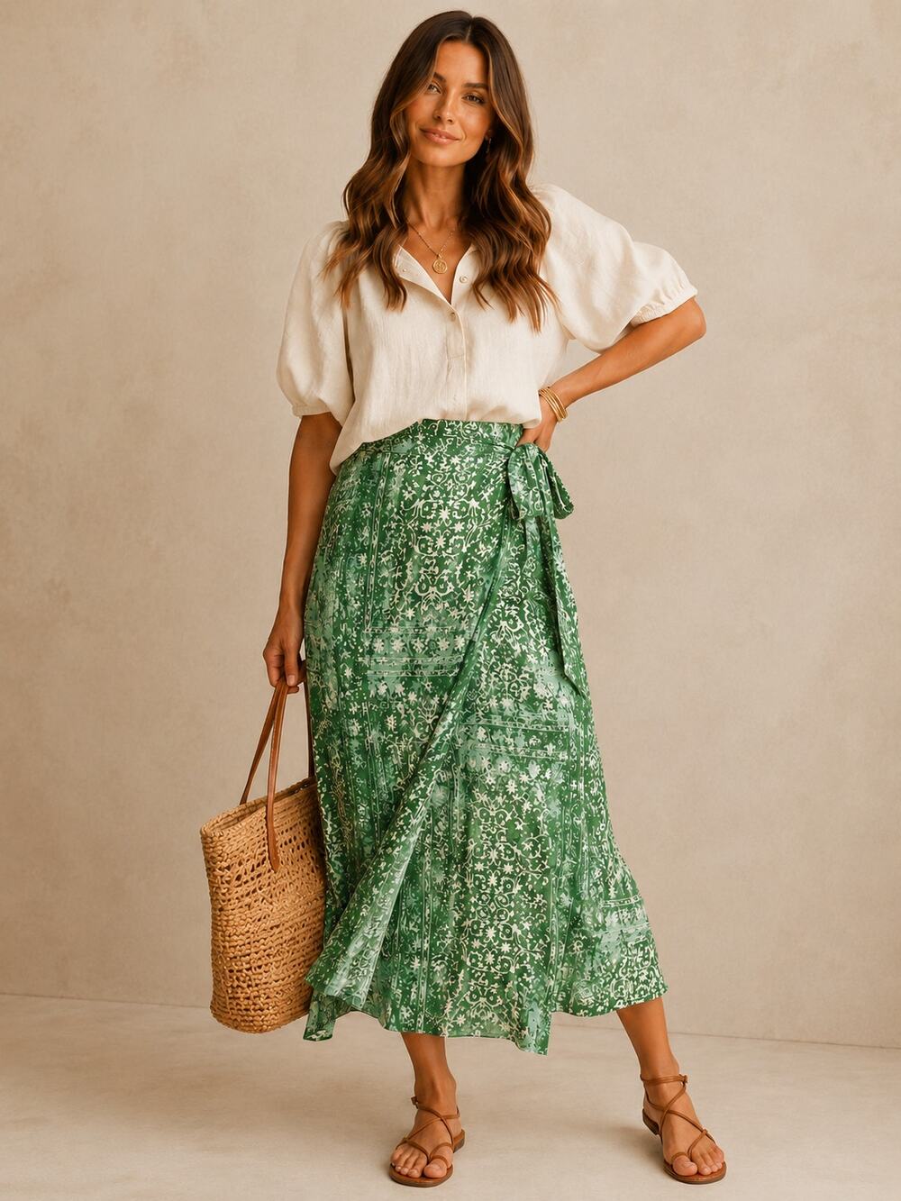 Green Floral Faux Wrap Midi Skirt Cottagecore Boho Small